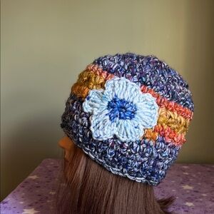 Colorful Knit Beanie with Blue Flower Accent medium soft acrylic yarn new